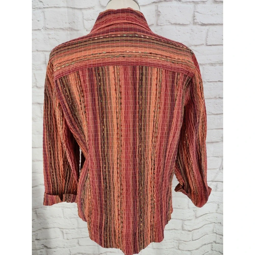 Drapers Damons Southwest Boho Top Crinkle Artsy Orange Button Up Women Large - Picture 3 of 8